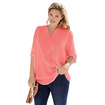 Woman Within Plus Size Rayon Three-Quarter Sleeve Effortless Tab-Front Blouse