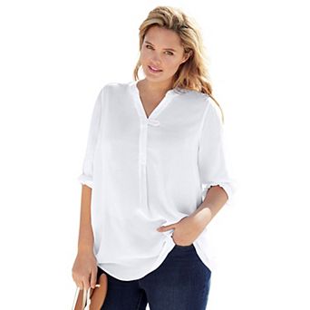 Woman Within Plus Size Rayon 7-Day Three-Quarter Sleeve Tab-Front Tunic