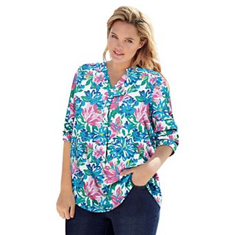 Woman Within Plus Size Rayon Three-Quarter Sleeve Effortless Tab-Front Blouse