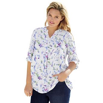 Woman Within Plus Size Rayon 7-Day Three-Quarter Sleeve Tab-Front Tunic