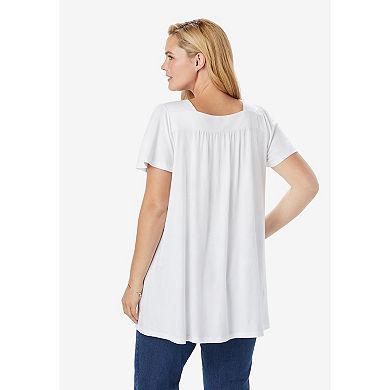 Woman Within Women's Plus Size Embroidered Square Neck Tunic