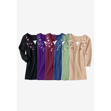 Woman Within Women's Plus Size 7-Day Layered-Look Embroidered Henley Tunic