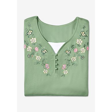 Woman Within Plus Size 7-Day Layered-Look Embroidered Henley Tunic