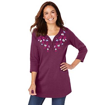 Woman Within Plus Size 7-Day Layered-Look Embroidered Henley Tunic