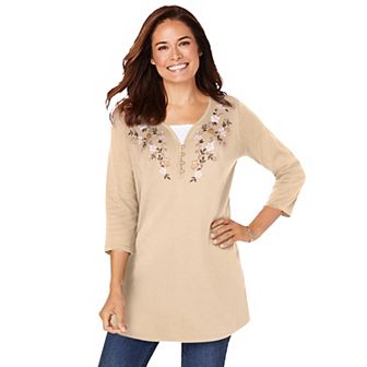 Woman Within Plus Size 7-Day Layered-Look Embroidered Henley Tunic