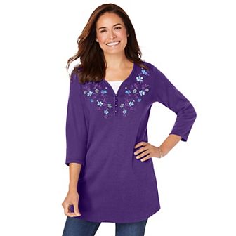 Woman Within Plus Size 7-Day Layered-Look Embroidered Henley Tunic