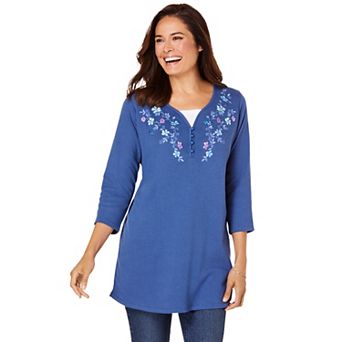 Woman Within Plus Size 7-Day Layered-Look Embroidered Henley Tunic