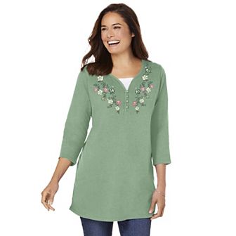 Woman Within Plus Size 7-Day Layered-Look Embroidered Henley Tunic