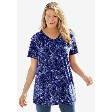 Woman Within Women's Plus Size Perfect Printed Short-Sleeve V-Neck Tunic