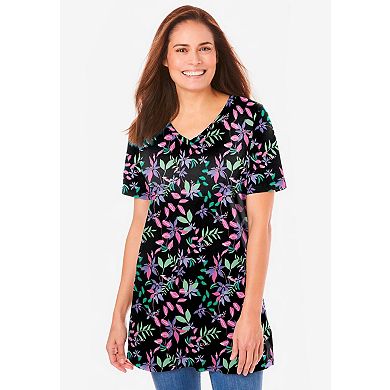 Woman Within Plus Size Perfect Printed Short-Sleeve V-Neck Tunic