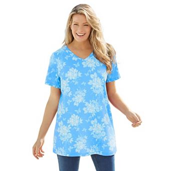 Woman Within Plus Size Perfect Printed Short-Sleeve V-Neck Tunic