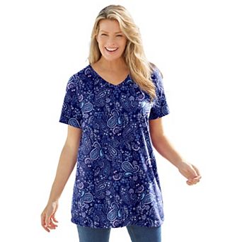 Woman Within Plus Size Perfect Printed Short-Sleeve V-Neck Tunic
