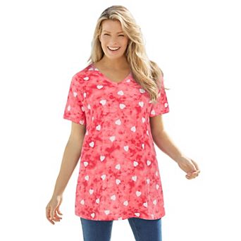 Woman Within Plus Size Perfect Printed Short-Sleeve V-Neck Tunic