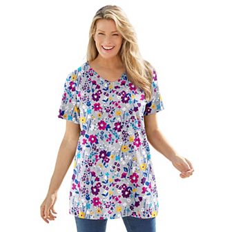 Woman Within Women's Plus Size Perfect Printed Short-Sleeve V-Neck Tunic