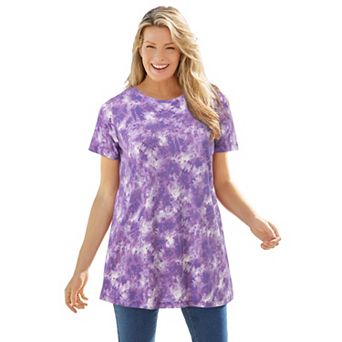 Woman Within Plus Size Perfect Printed Short-Sleeve V-Neck Tunic