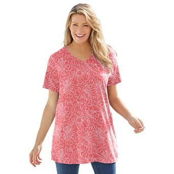 Woman Within Plus Size Perfect Printed Short-Sleeve V-Neck Tunic