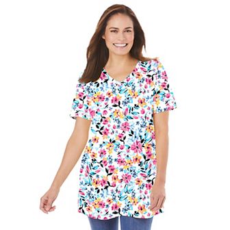 Woman Within Women's Plus Size Perfect Printed Short-Sleeve V-Neck Tunic