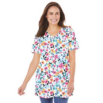 Woman Within Plus Size Perfect Printed Short-Sleeve V-Neck Tunic