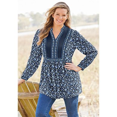 Woman Within Plus Size Button-Front Mixed Print Tunic