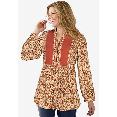 Woman Within Plus Size Button-Front Mixed Print Tunic