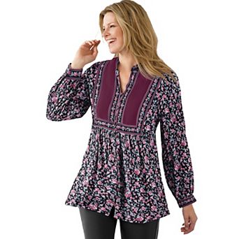 Woman Within Plus Size Button-Front Mixed Print Tunic