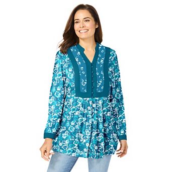 Woman Within Plus Size Button-Front Mixed Print Tunic