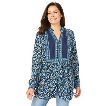 Woman Within Plus Size Button-Front Mixed Print Tunic