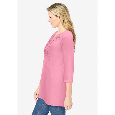 Woman Within Plus Size Embroidered Crinkle Tunic