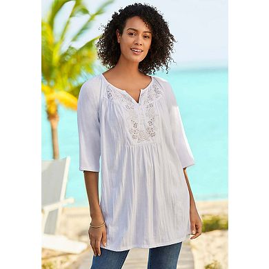 Woman Within Plus Size Embroidered Crinkle Tunic