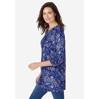 Woman Within Plus Size Perfect Printed Three-Quarter Sleeve Crewneck Tunic