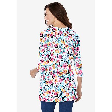 Woman Within Plus Size Perfect Printed Three-Quarter Sleeve Crewneck Tunic