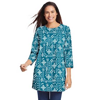Woman Within Plus Size Perfect Printed Three-Quarter Sleeve Crewneck Tunic