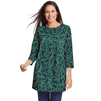 Woman Within Plus Size Perfect Printed Three-Quarter Sleeve Crewneck Tunic