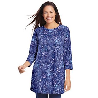 Woman Within Plus Size Perfect Printed Three-Quarter Sleeve Crewneck Tunic