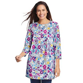 Woman Within Plus Size Perfect Printed Three-Quarter Sleeve Crewneck Tunic