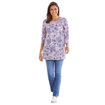 Woman Within Plus Size Perfect Printed Three-Quarter Sleeve Crewneck Tunic