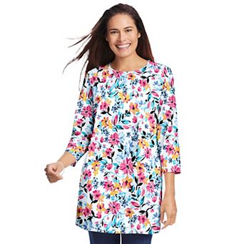 Woman Within Plus Size Perfect Printed Three-Quarter Sleeve Crewneck Tunic