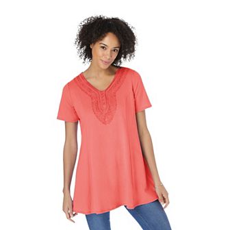 Woman Within Women's Plus Size Rounded V-Neck Crochet Tunic