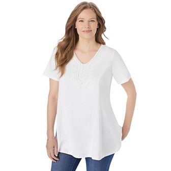 Woman Within Women's Plus Size Rounded V-Neck Crochet Tunic