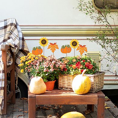 Glitzhome Set Of 6 Fall Metal Pumpkin, Leave & Sunflower Yard Sign With Stake, 18"h