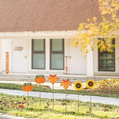 Glitzhome Set Of 6 Fall Metal Pumpkin, Leave & Sunflower Yard Sign With Stake, 18"h