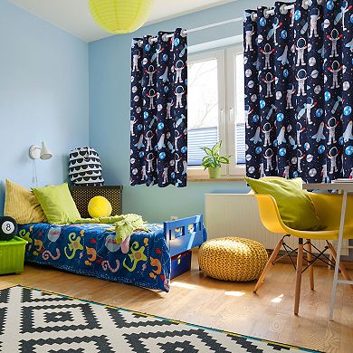2 Panel Window Curtains For Kid's Bedroom, Astronaut Pattern 42"w X 84"l