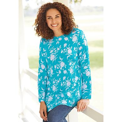 Woman Within Plus Size Perfect Printed Long-Sleeve Crewneck Tunic