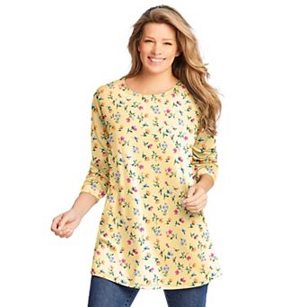 Woman Within Plus Size Perfect Printed Long-Sleeve Crewneck Tunic