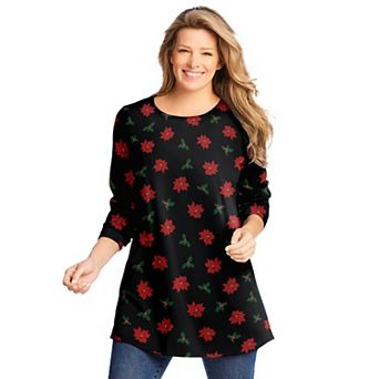 Woman Within Plus Size Perfect Printed Long-Sleeve Crewneck Tunic