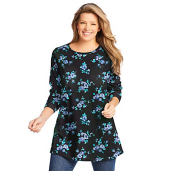 Woman Within Plus Size Perfect Printed Long-Sleeve Crewneck Tunic