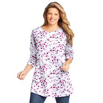 Woman Within Plus Size Perfect Printed Long-Sleeve Crewneck Tunic