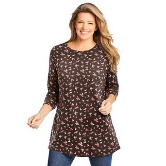 Woman Within Plus Size Perfect Printed Long-Sleeve Crewneck Tunic