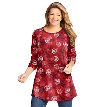 Woman Within Plus Size Perfect Printed Long-Sleeve Crewneck Tunic