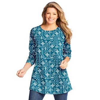 Woman Within Plus Size Perfect Printed Long-Sleeve Crewneck Tunic